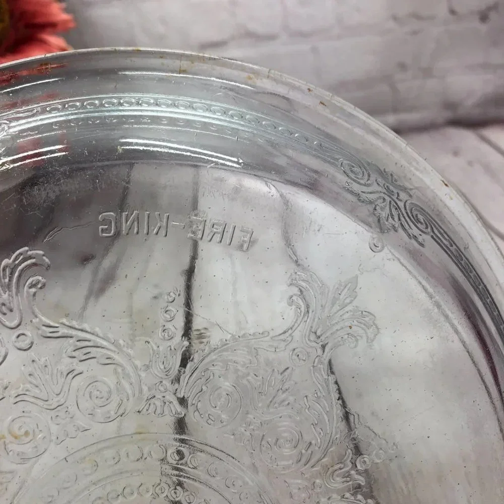 vintage fire king embossed pie plate